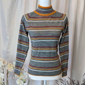 Vintage Montgomery Ward Gray Orange Red White Stripe Turtleneck Small